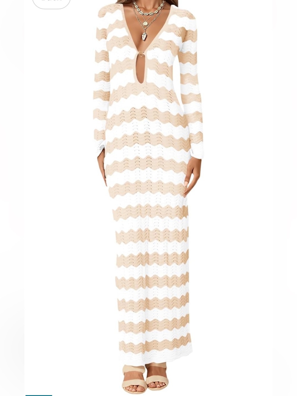 Striped Crochet Maxi Dress in White & Beige
